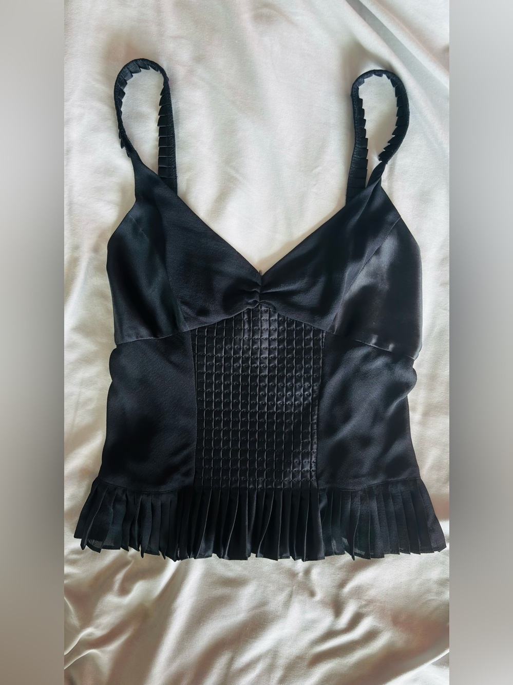 RARE- Byblos Silk Cami Top with smocked bodice, pleated hem & decorative buckle